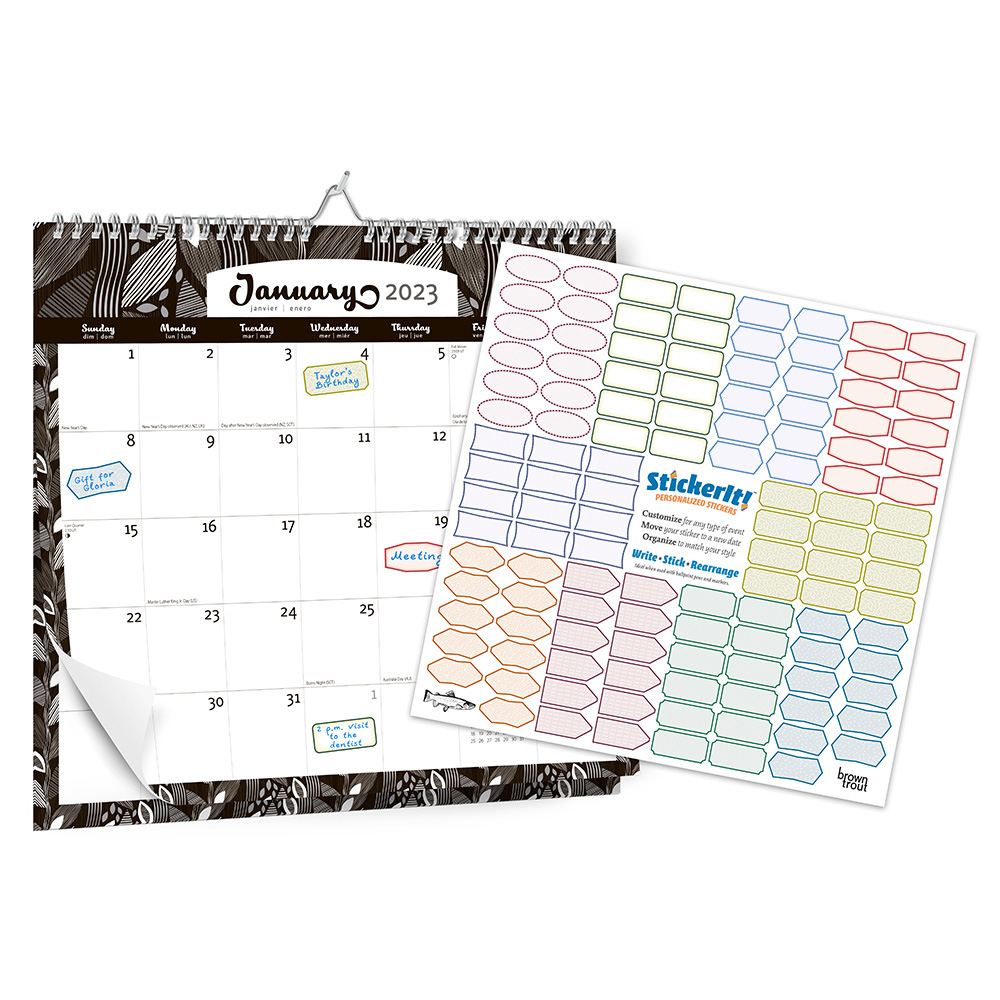 Ebony and Ivory | 2023 12 x 12 Inch Monthly Square WireO Calendar | Sticker Sheet | BrownTrout | Stationery Planning
