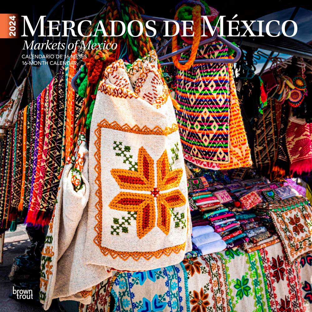Mercados de Mexico | Markets of Mexico | 2024 12 x 24 Inch Monthly Square Wall Calendar | English/Spanish Bilingual | BrownTrout | Clothes Toys Food Shopping