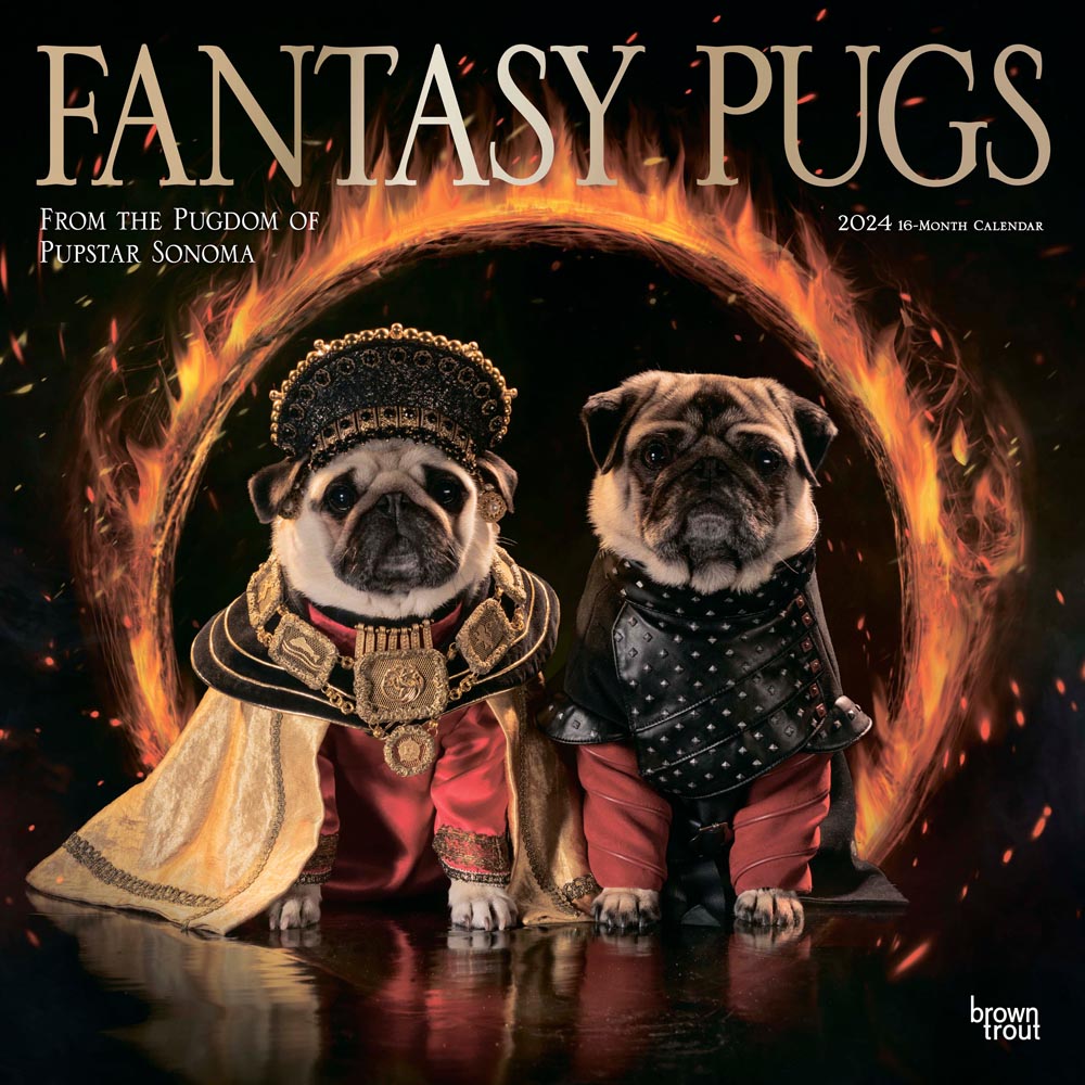 Fantasy Pugs | 2024 12 x 24 Inch Monthly Square Wall Calendar | Foil Stamped Cover | BrownTrout | Funny Animals Dogs