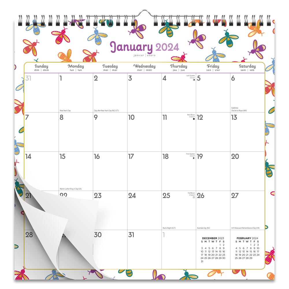Busy Bees | 2024 12 x 12 Inch Monthly Square Wire-O Calendar | Sticker Sheet | BrownTrout | Planning Stationery