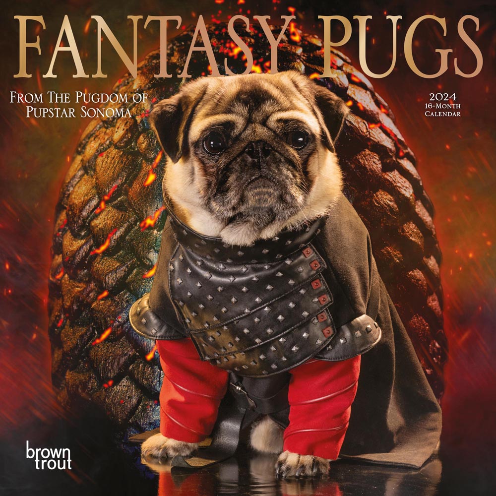 Fantasy Pugs | 2024 7 x 14 Inch Monthly Mini Wall Calendar | BrownTrout | Funny Animals Dogs