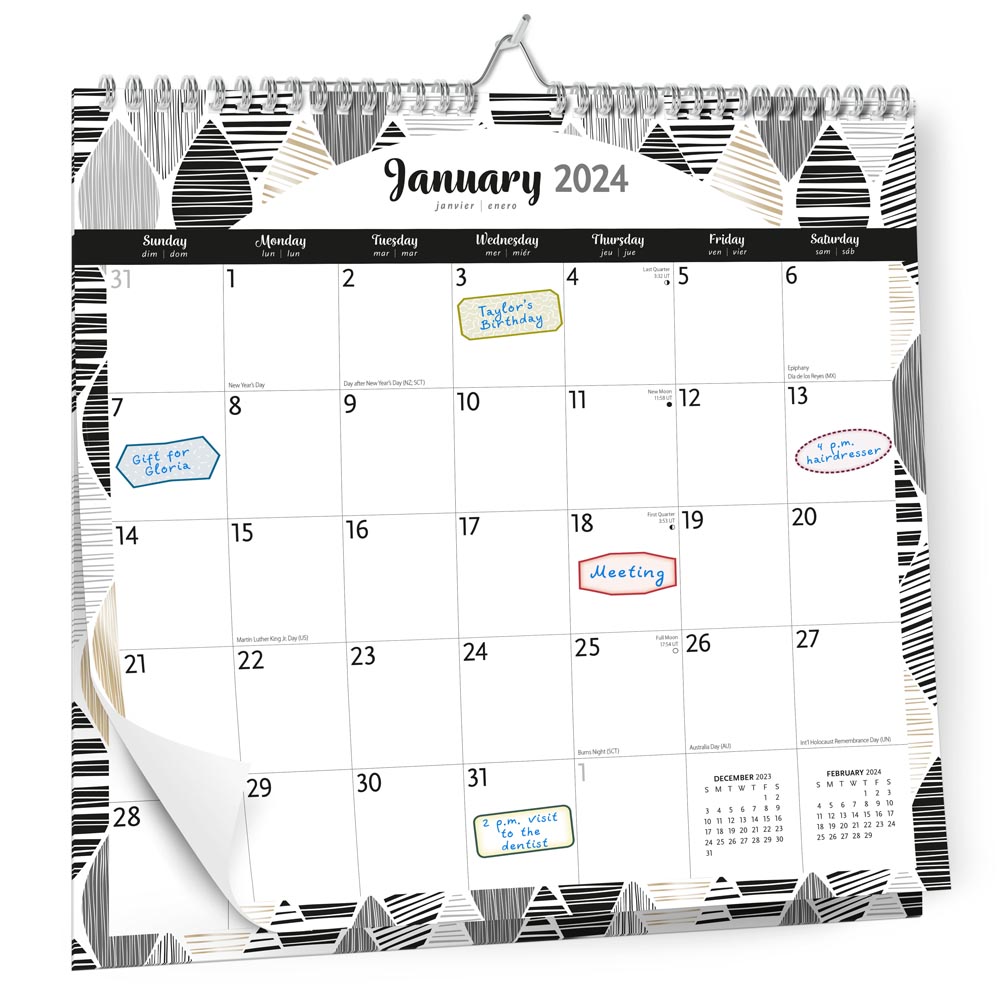 Ebony and Ivory | 2024 12 x 12 Inch Monthly Square Wire-O Calendar | Sticker Sheet | BrownTrout | Stationery Planning
