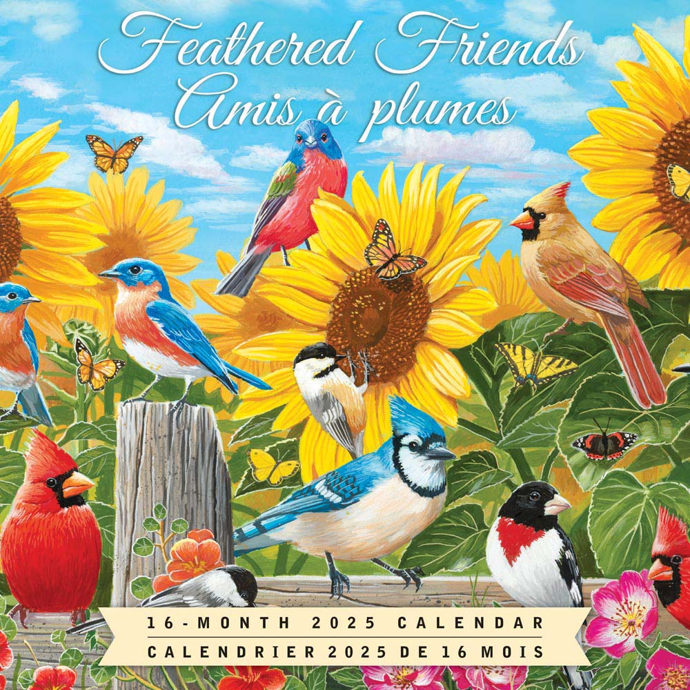 Feathered Friends | Amis a Plumes | 2025 7 x 14 Inch Monthly Mini Wall Calendar | English/French Bilingual | Featuring the Artwork of William Vanderdasson | Hopper Studios | Wildlife Animals Birds