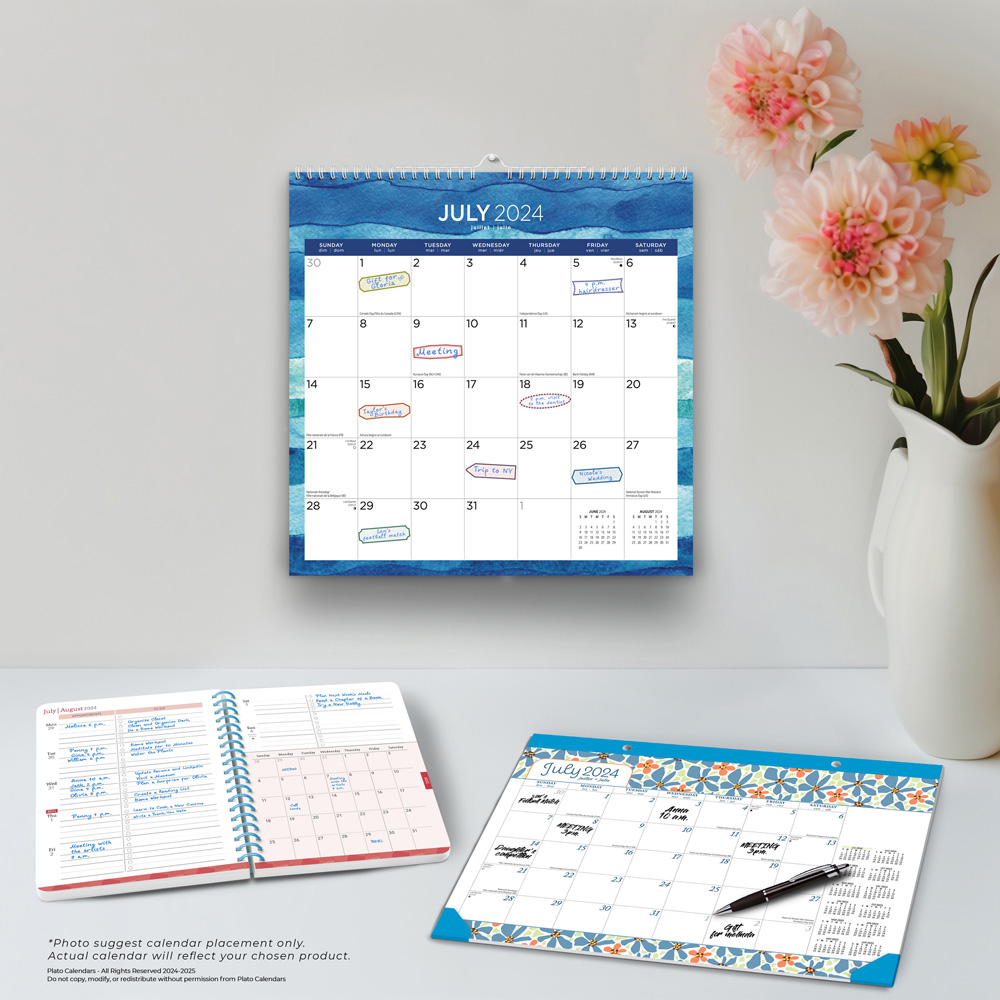 Seaside Currents and Spring Awakening 2025 18 Months Bundle | Desk Pad, Desk Planner, and Square Wire-O Calendar | July 2024 - December 2025 | Plato | Family Stationery Design