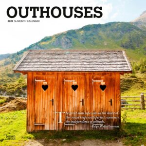 Outhouses | 2025 12 x 24 Inch Monthly Square Wall Calendar | Plastic-Free | BrownTrout | Toilette Latrine Bog Humor