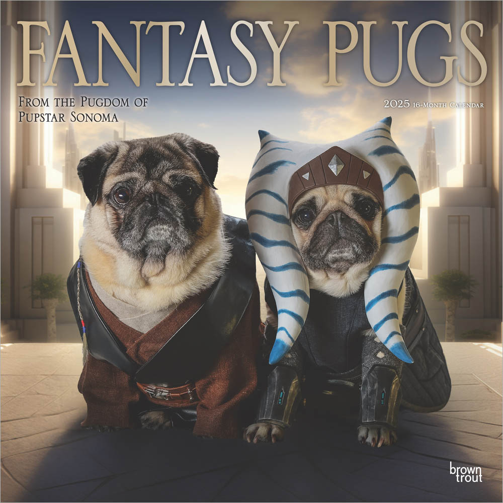 Fantasy Pugs OFFICIAL | 2025 12 x 24 Inch Monthly Square Wall Calendar | Foil Stamped Cover | Plastic-Free | BrownTrout | Funny Animals Dogs