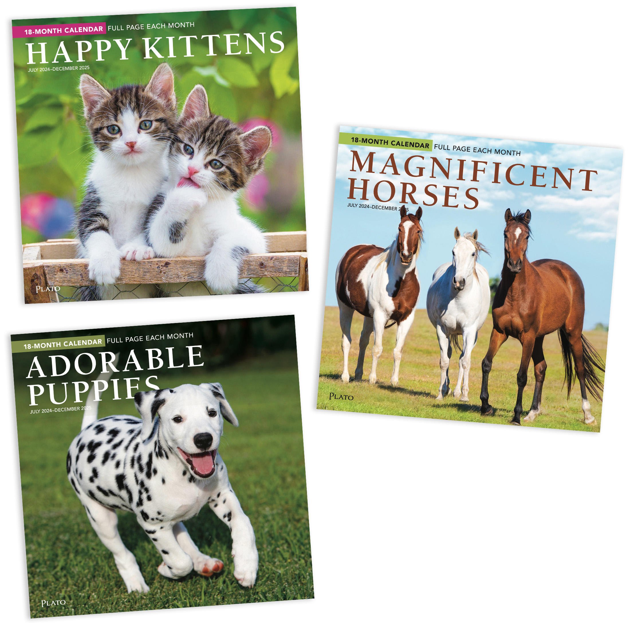 Kittens, Puppies, and Horses 2025 18 Months Bundle | Three Square Wall Calendars | July 2024 - December 2025 | Plato | Animals Pets Family