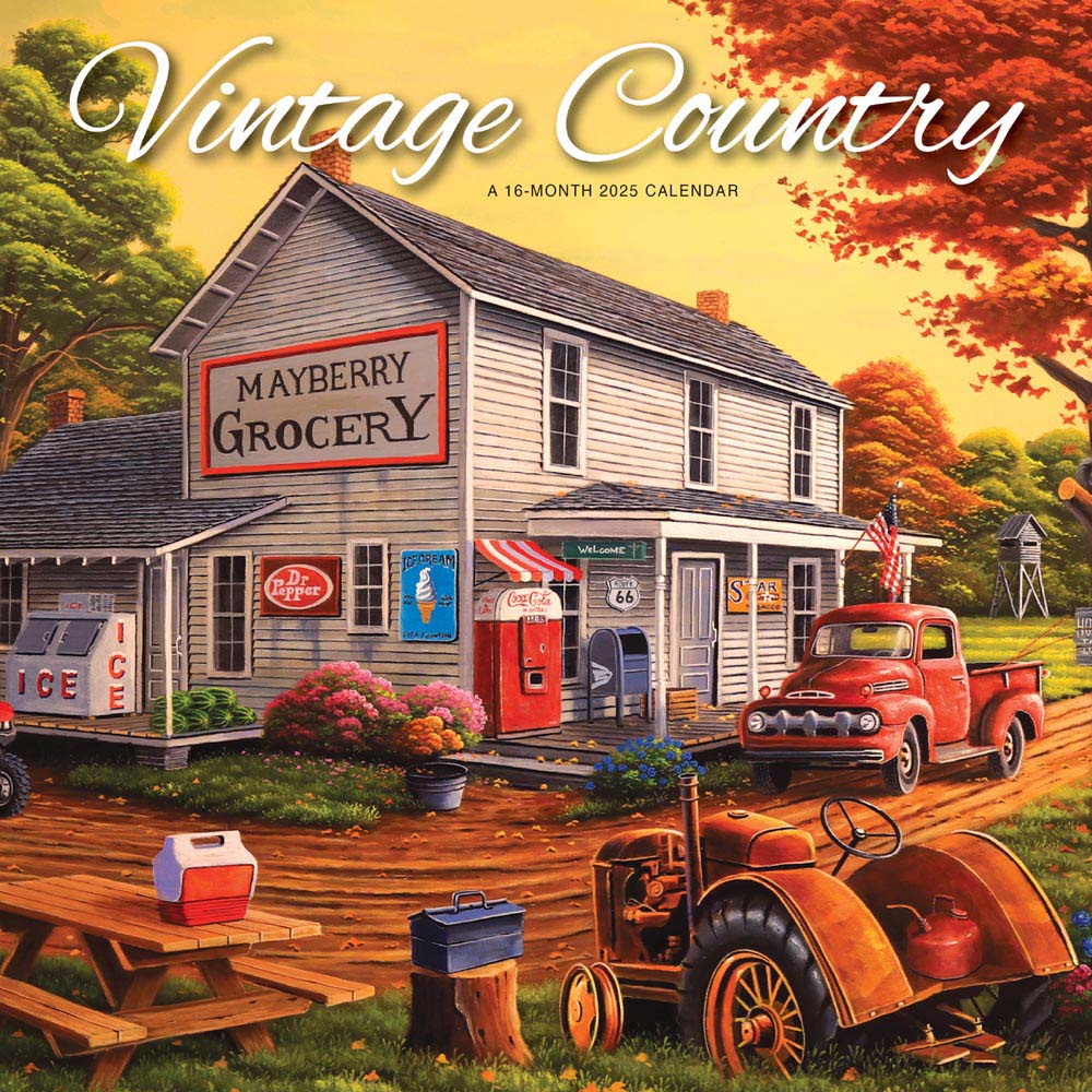 Vintage Country | 2025 12 x 24 Inch Monthly Square Wall Calendar | Featuring the Artwork of Geno Peoples | Plastic-Free | Hopper Studios | Cars and Trucks Artist