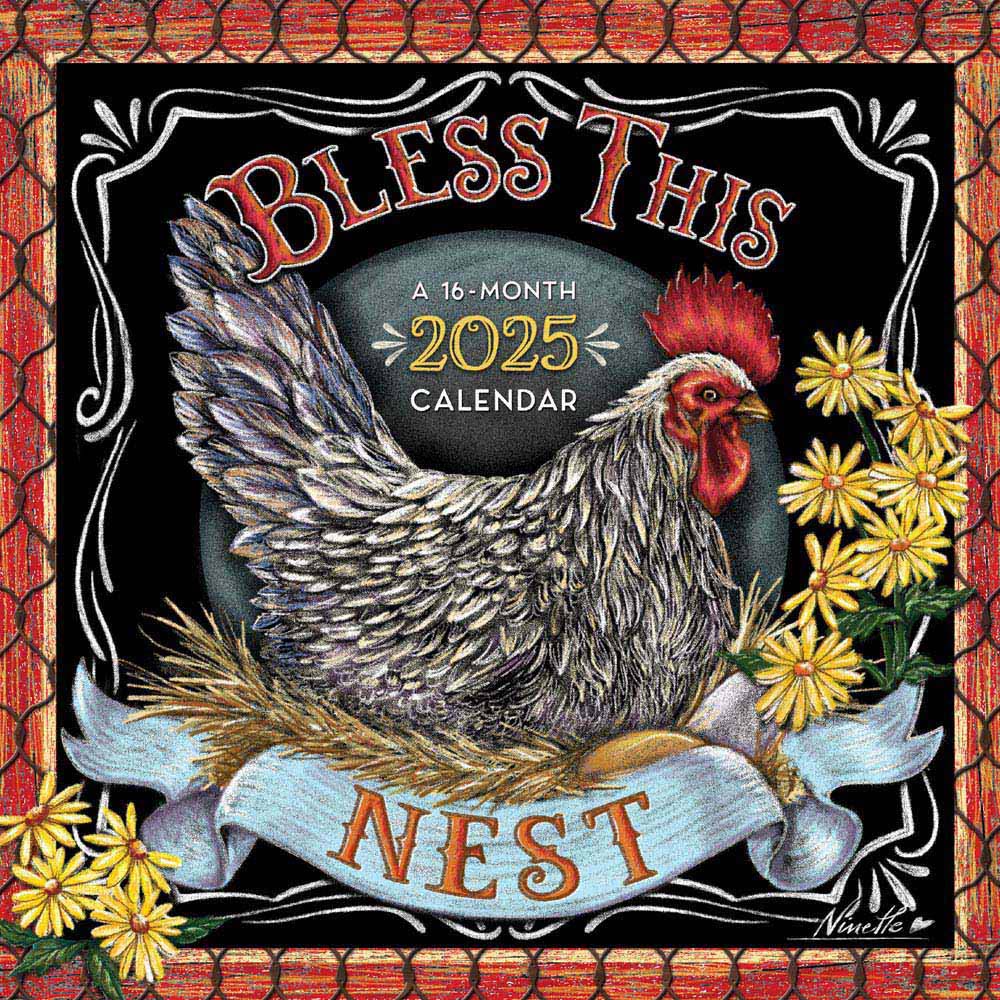 Bless This Nest | 2025 12 x 24 Inch Monthly Square Wall Calendar | Featuring the Artwork of Ninette Parisi | Plastic-Free | Hopper Studios | Chalkboard Style Artwork