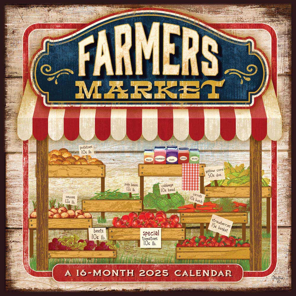 Farmer's Market | 2025 12 x 24 Inch Monthly Square Wall Calendar | Featuring the Artwork of Mollie B. | Plastic-Free | Hopper Studios | Food Artwork