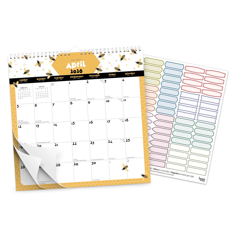 Busy Bees | 2026 12 x 12 Inch (Hanging) 18 Months Monthly Square Wire-O Calendar | Sticker Sheet | July 2025 - December 2026 | Plato | Planning Stationery