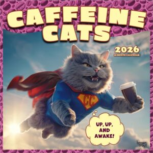 Caffeine Cats | 2026 12 x 24 Inch (Hanging) Monthly Square Wall Calendar | Plastic-Free | BrownTrout | Pets Funny Animals Feline