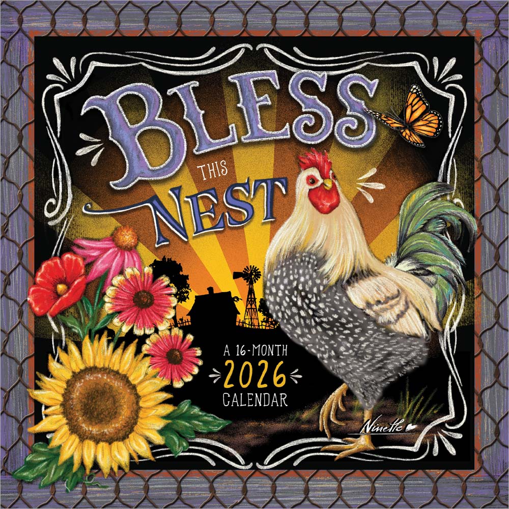 Bless This Nest | 2026 12 x 24 Inch (Hanging) Monthly Square Wall Calendar | Featuring the Artwork of Ninette Parisi | Plastic-Free | Hopper Studios | Chalkboard Style Artwork