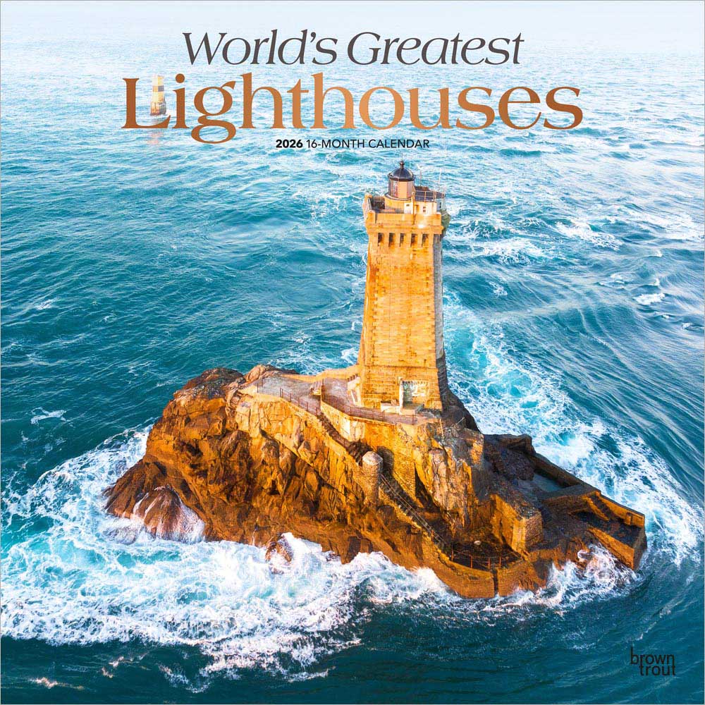 World's Greatest Lighthouses | 2026 12 x 24 Inch (Hanging) Monthly Square Wall Calendar | Foil Stamped Cover | Plastic-Free | BrownTrout | Ocean Sea Coast