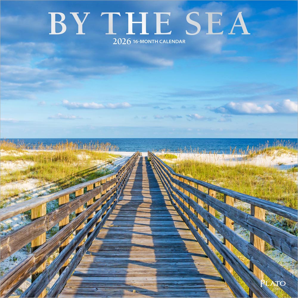 By the Sea | 2026 12 x 24 Inch (Hanging) Monthly Square Wall Calendar | Foil Stamped Cover | Plato | Waves Sun Clear Blue Sky