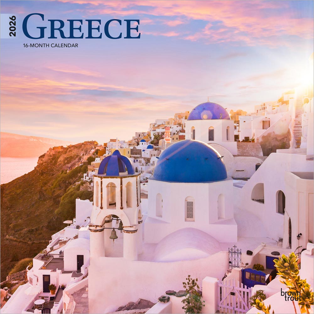 Greece | 2026 12 x 24 Inch (Hanging) Monthly Square Wall Calendar | Plastic-Free | BrownTrout | Travel Europe Balkans Athens Mykonos