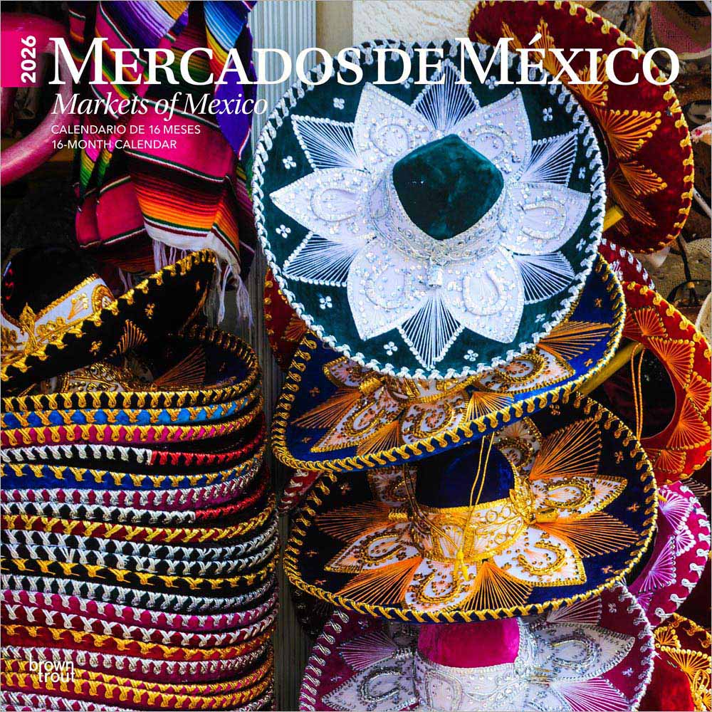 Mercados de Mexico | Markets of Mexico | 2026 12 x 24 Inch (Hanging) Monthly Square Wall Calendar | English/Spanish Bilingual | Plastic-Free | BrownTrout | Clothes Toys Food Shopping