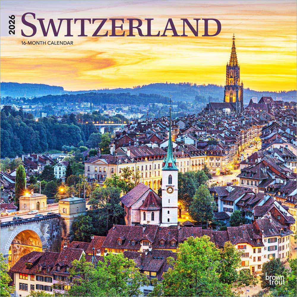 Switzerland | 2026 12 x 24 Inch (Hanging) Monthly Square Wall Calendar | Plastic-Free | BrownTrout | Travel Europe Swiss Alps
