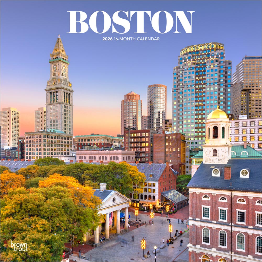 Boston | 2026 12 x 24 Inch (Hanging) Monthly Square Wall Calendar | Plastic-Free | BrownTrout | USA United States of America Massachusetts Northeast City