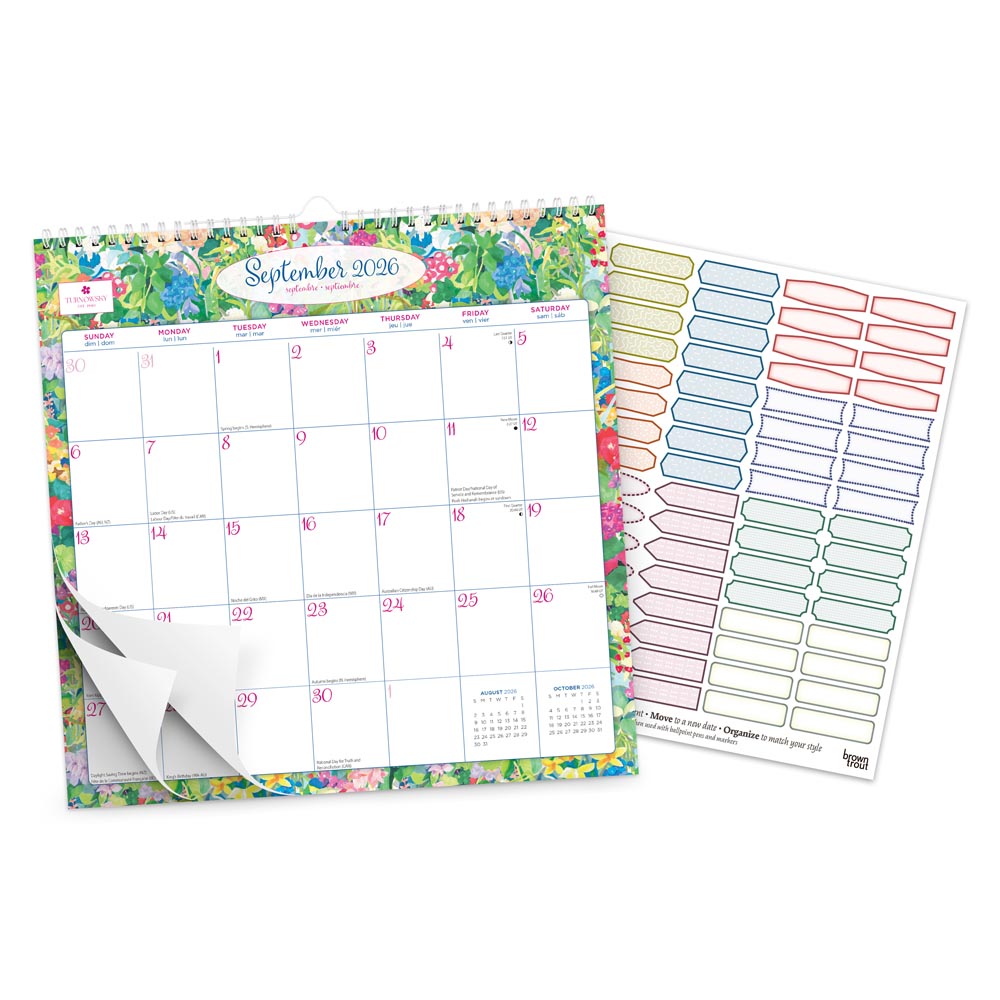 House of Turnowsky OFFICIAL | 2026 12 x 12 Inch (Hanging) Monthly Square Wire-O Calendar | Sticker Sheet | BrownTrout | Stationery Elegant Exclusive