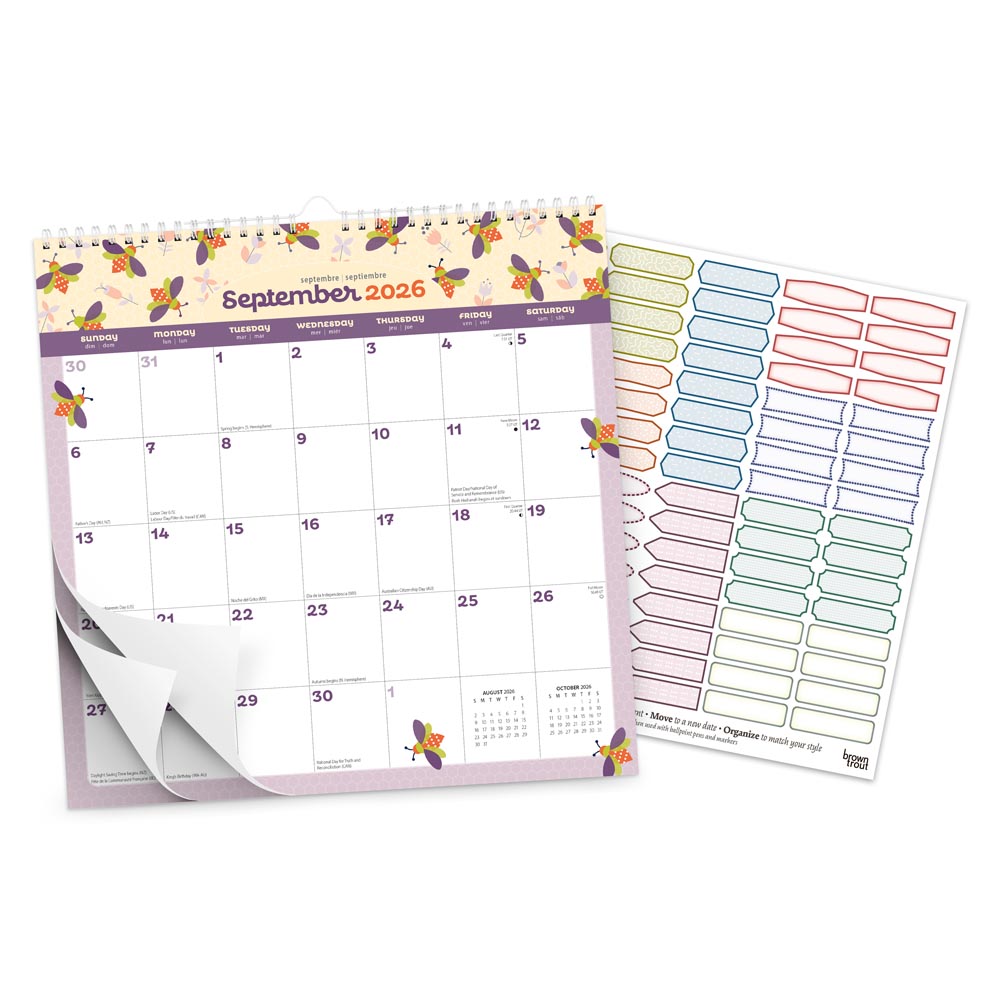 Busy Bees | 2026 12 x 12 Inch (Hanging) Monthly Square Wire-O Calendar | Sticker Sheet | BrownTrout | Planning Stationery