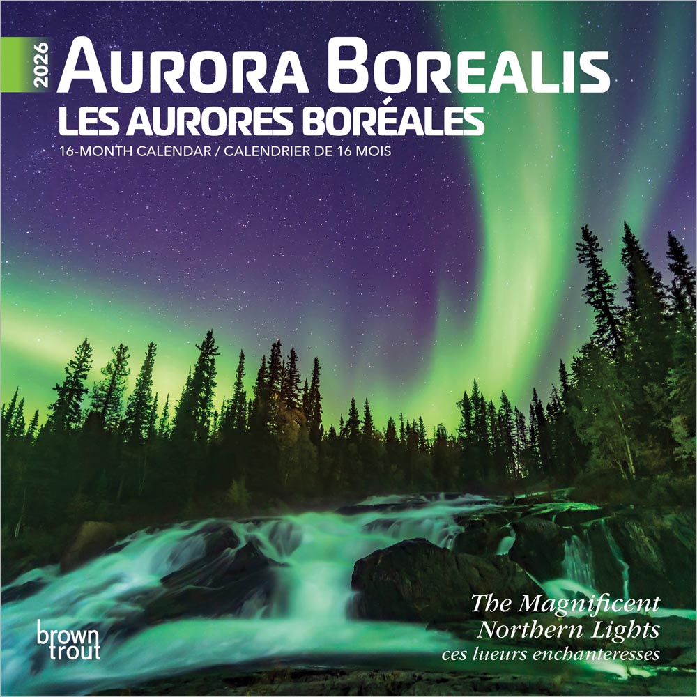 Aurora Borealis | 2026 7 x 14 Inch (Hanging) Monthly Mini Wall Calendar | English/French Bilingual | BrownTrout | USA Alaska Northern Lights