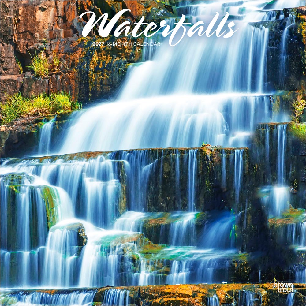Waterfalls | 2027 12 x 24 Inch (Hanging) Monthly Square Wall Calendar | Plastic-Free | BrownTrout | Nature Rivers Lakes