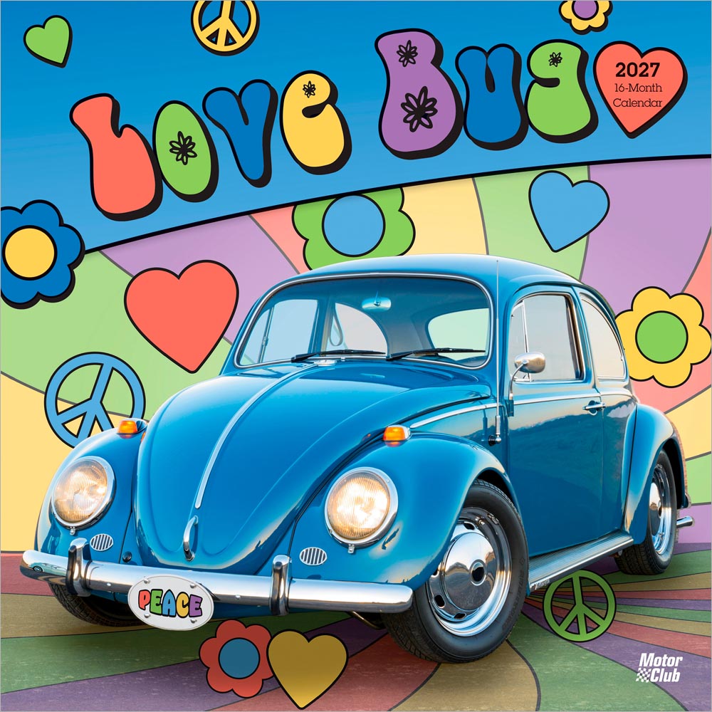 Love Bug | 2027 12 x 24 Inch (Hanging) Monthly Square Wall Calendar | Plastic-Free | Motor Club | German Car Beetle