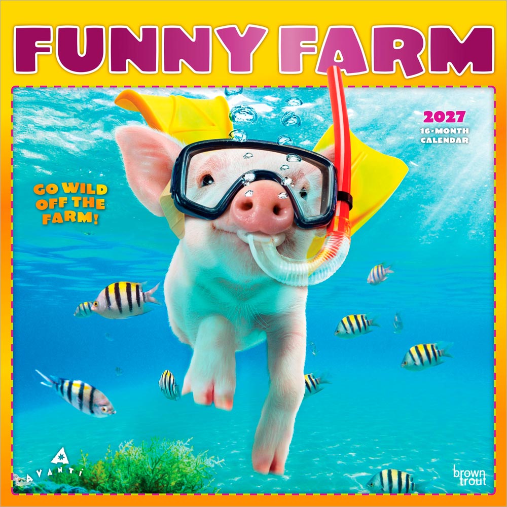 Avanti Funny Farm OFFICIAL | 2027 12 x 24 Inch (Hanging) Monthly Square Wall Calendar | Foil Stamped Cover | Plastic-Free | BrownTrout | Animal Humor Livestock