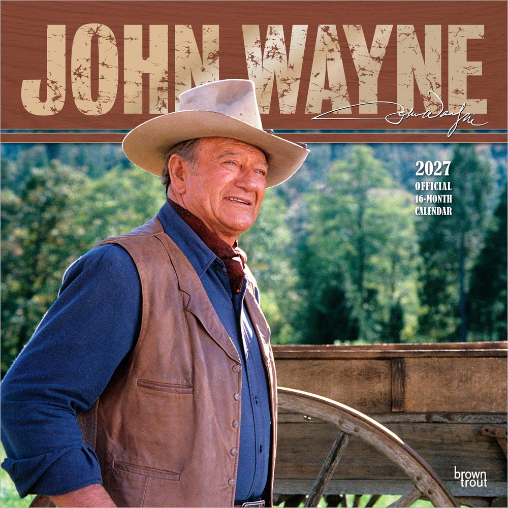 John Wayne OFFICIAL | 2027 12 x 24 Inch (Hanging) Monthly Square Wall Calendar | Foil Stamped Cover | Plastic-Free | BrownTrout | USA American Actor Celebrity Duke