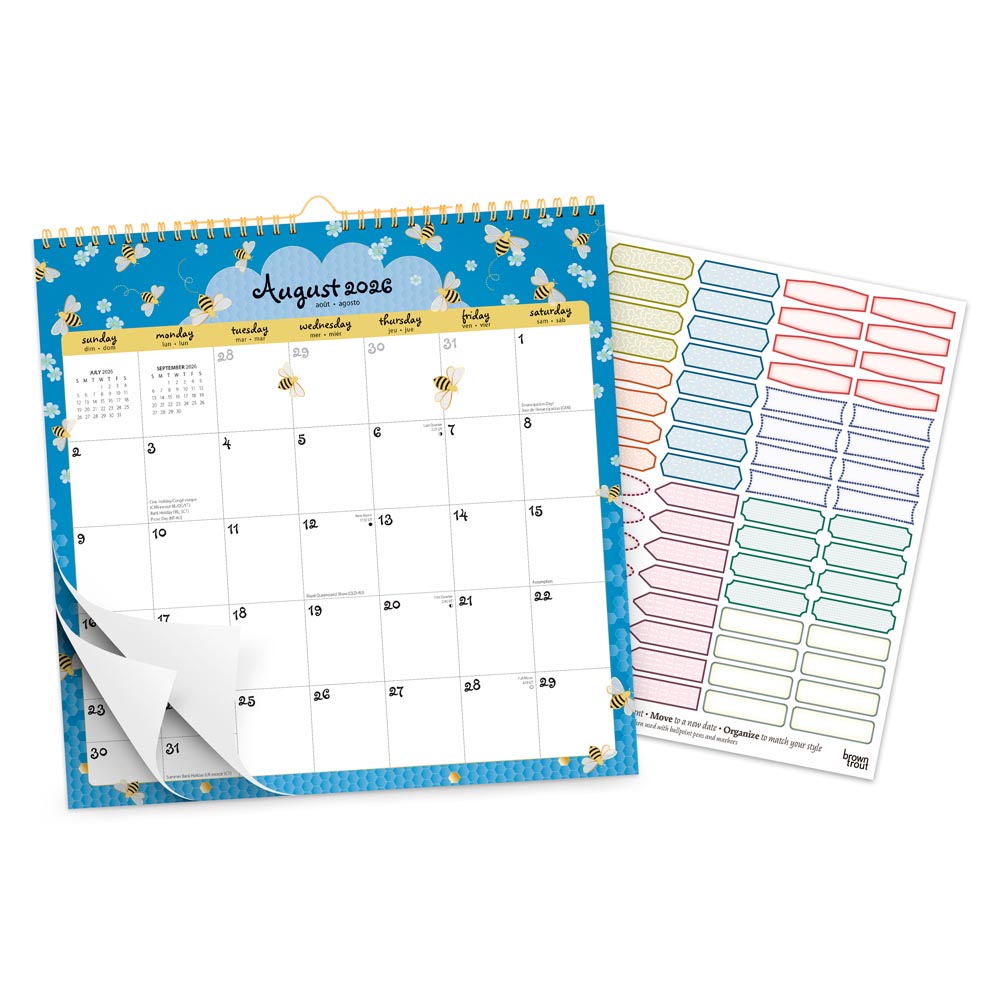 Busy Bees | 2027 12 x 12 Inch (Hanging) 18 Months Monthly Square Wire-O Calendar | Sticker Sheet | July 2026 - December 2027 | Plato | Planning Stationery
