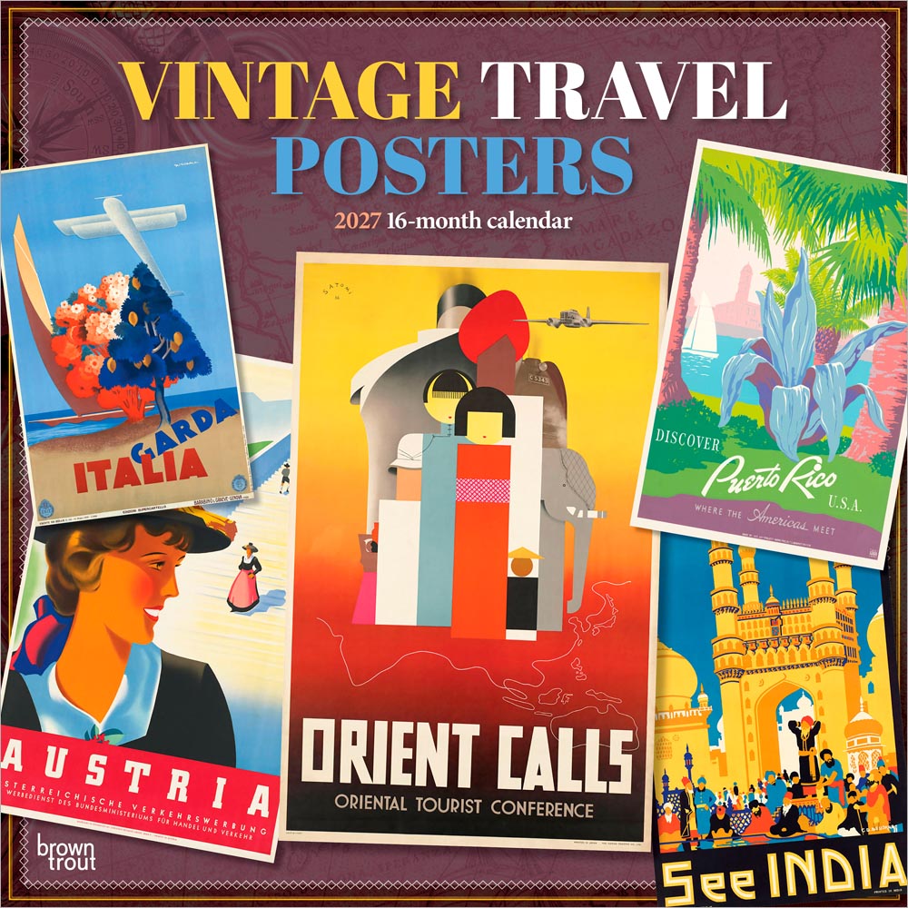 Vintage Travel Posters | 2027 12 x 24 Inch (Hanging) Monthly Square Wall Calendar | Plastic-Free | BrownTrout | Art Railways Illustrations