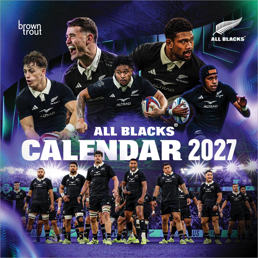 All Blacks OFFICIAL | 2027 12 x 24 Inch (Hanging) Monthly Square Wall Calendar | Plastic-Free | BrownTrout | Rugby Sport