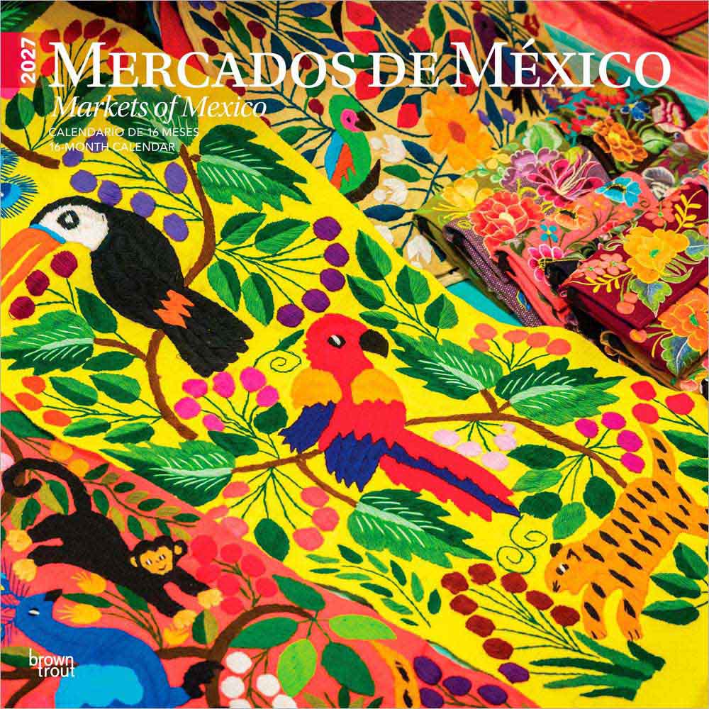 Mercados de Mexico | Markets of Mexico | 2027 12 x 24 Inch (Hanging) Monthly Square Wall Calendar | English/Spanish Bilingual | Plastic-Free | BrownTrout | Clothes Toys Food Shopping