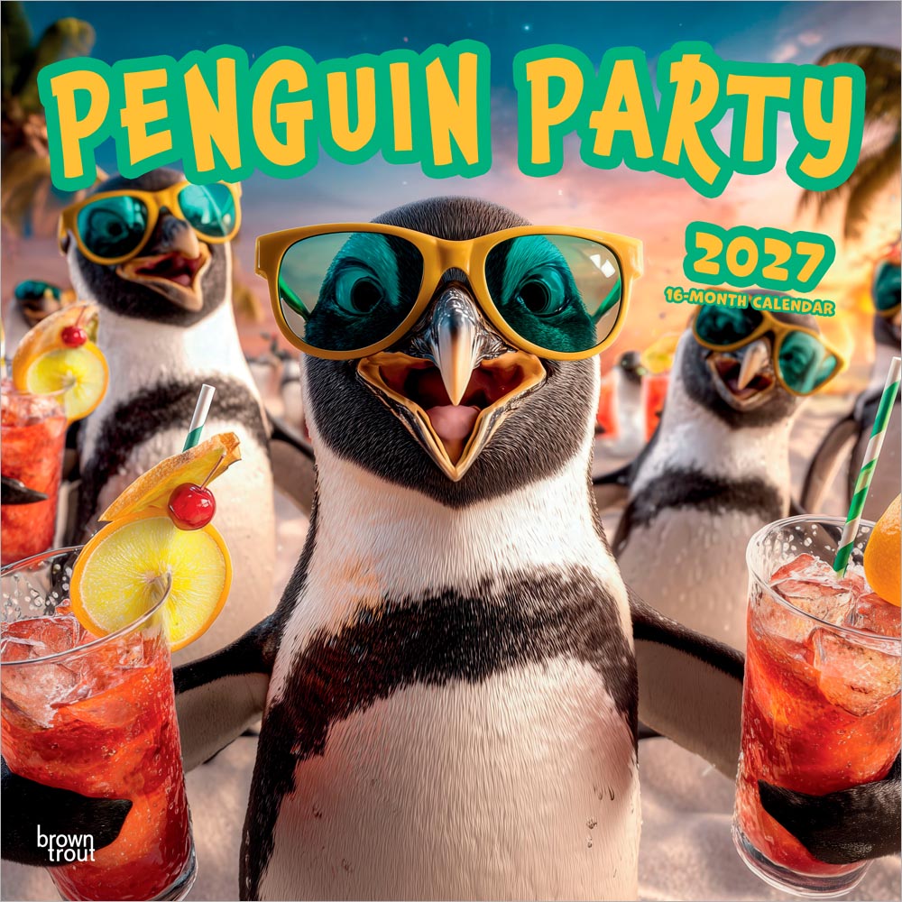 Penguin Party | 2027 12 x 24 Inch (Hanging) Monthly Square Wall Calendar | Plastic-Free | BrownTrout | Pets Funny Animals Birds