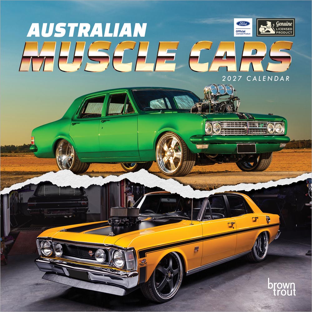 Australian Muscle Cars OFFICIAL | 2027 12 x 24 Inch (Hanging) Monthly Square Wall Calendar | Plastic-Free | BrownTrout | Automotive Horsepower
