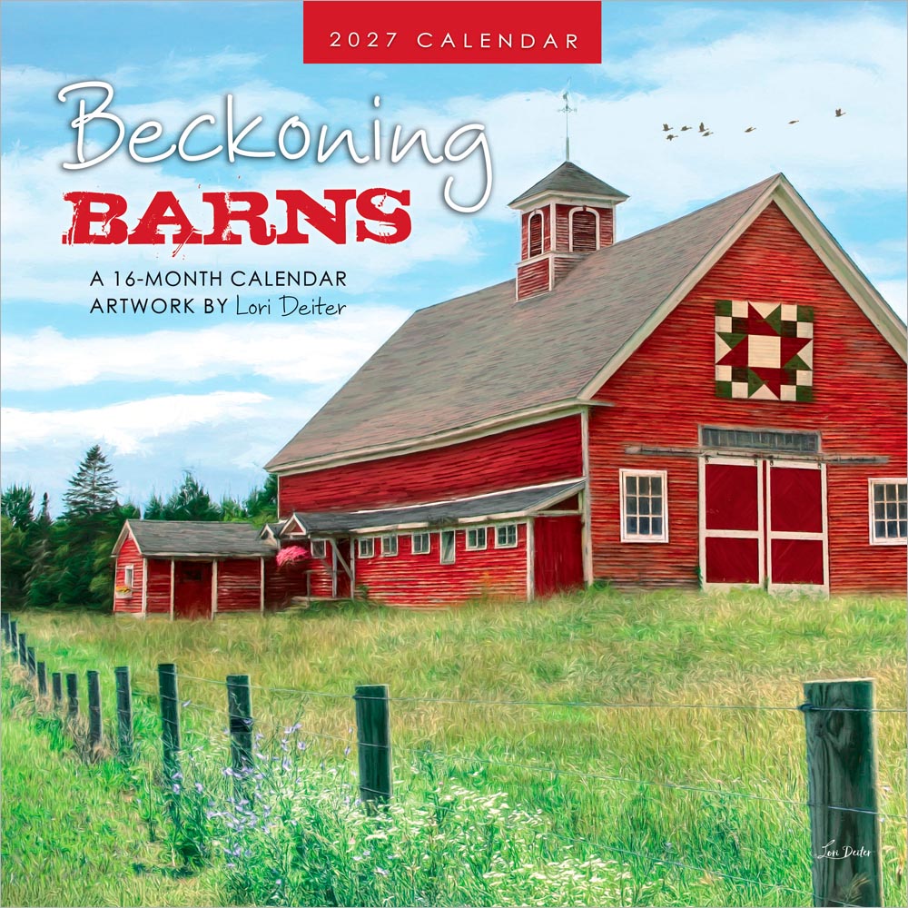 Beckoning Barns | 2027 12 x 24 Inch (Hanging) Monthly Square Wall Calendar | Featuring the Artwork of Lori Deiter | Plastic-Free | Hopper Studios | Rural Country Art
