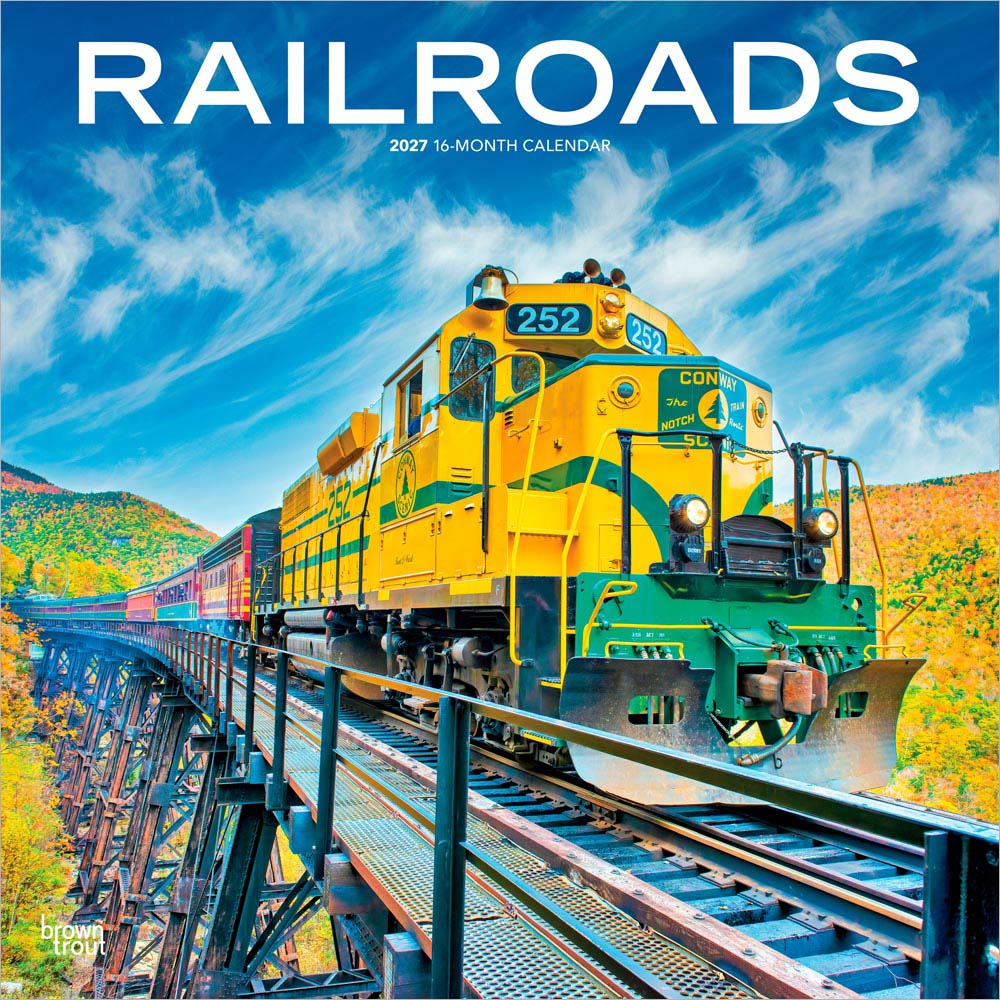 Railroads | 2027 12 x 24 Inch (Hanging) Monthly Square Wall Calendar | Plastic-Free | BrownTrout | Train Transportation