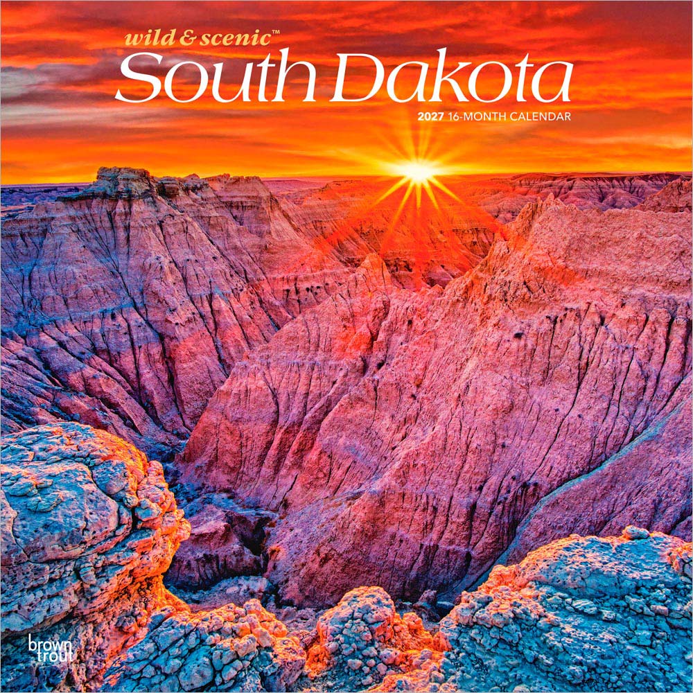 South Dakota Wild & Scenic | 2027 12 x 24 Inch (Hanging) Monthly Square Wall Calendar | Plastic-Free | BrownTrout | USA United States of America Midwest State Nature
