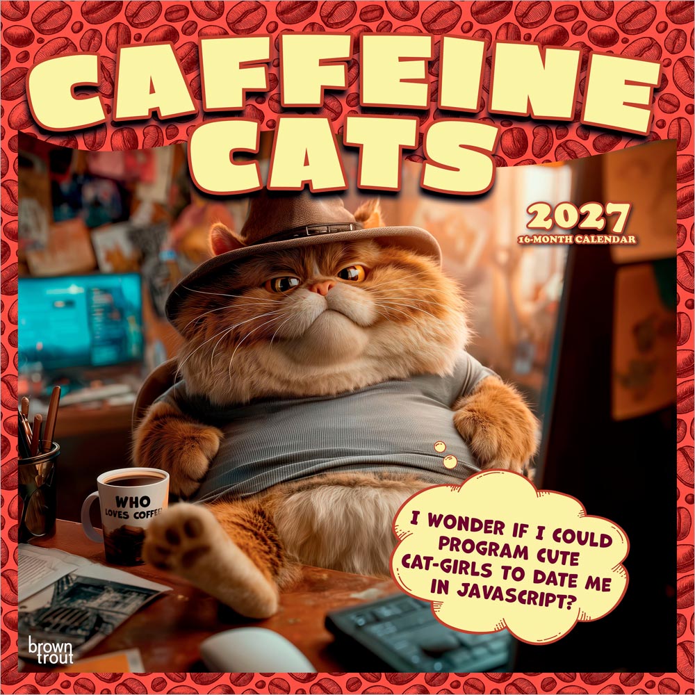 Caffeine Cats | 2027 12 x 24 Inch (Hanging) Monthly Square Wall Calendar | Plastic-Free | BrownTrout | Pets Funny Animals Feline