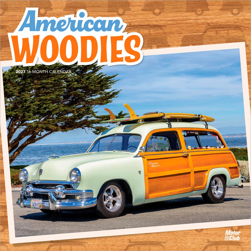American Woodies | 2027 12 x 24 Inch (Hanging) Monthly Square Wall Calendar | Plastic-Free | Motor Club | Automobiles Truck Classic