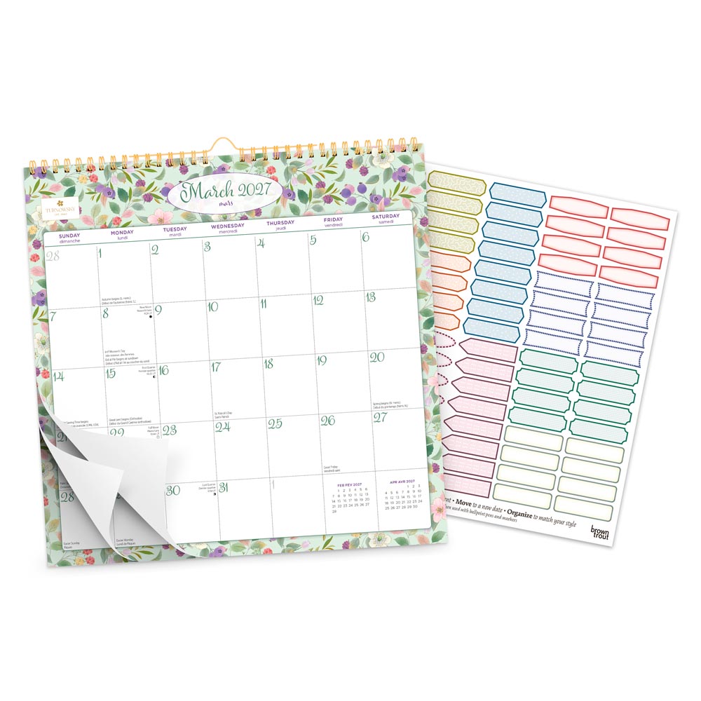 House of Turnowsky OFFICIAL | 2027 12 x 12 Inch (Hanging) Monthly Square Wire-O Calendar | Sticker Sheet | English/French Bilingual | BrownTrout | Stationery Elegant Exclusive