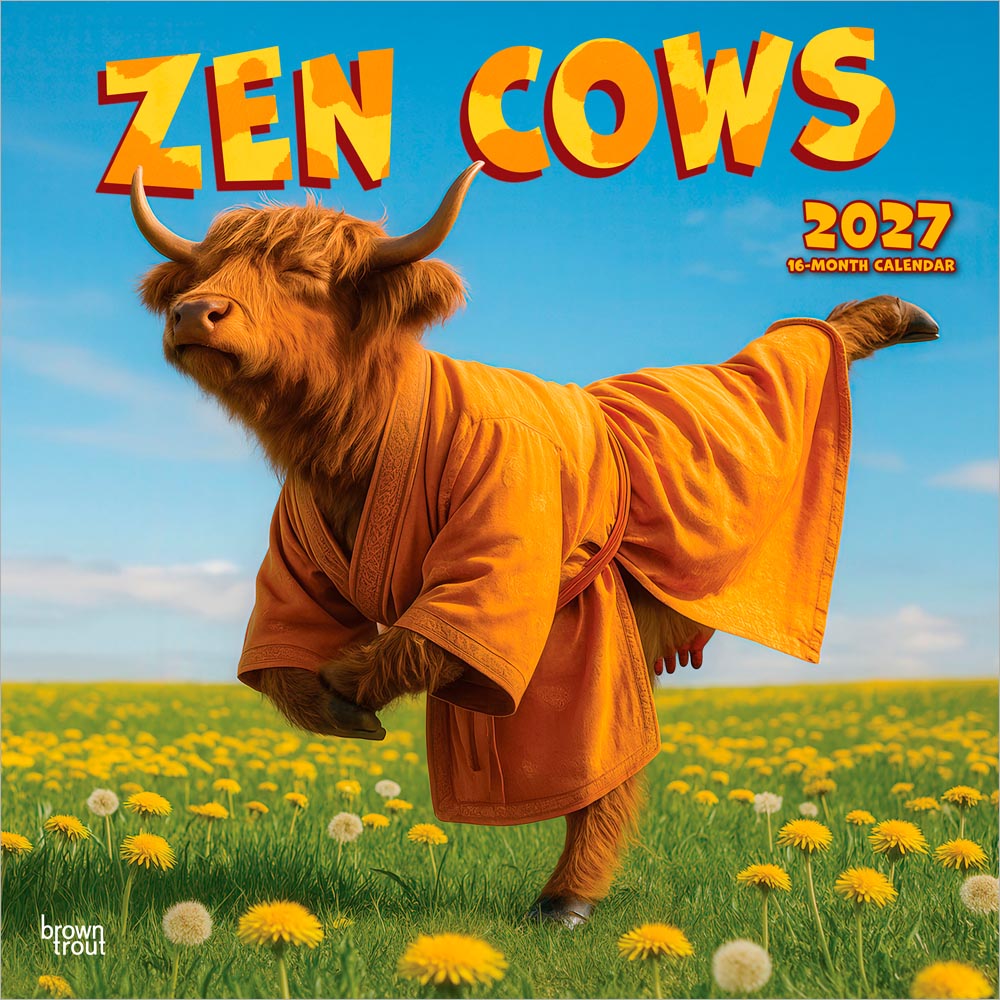 Zen Cows | 2027 12 x 24 Inch (Hanging) Monthly Square Wall Calendar | Plastic-Free | BrownTrout | Domestic Farm Animals Humor
