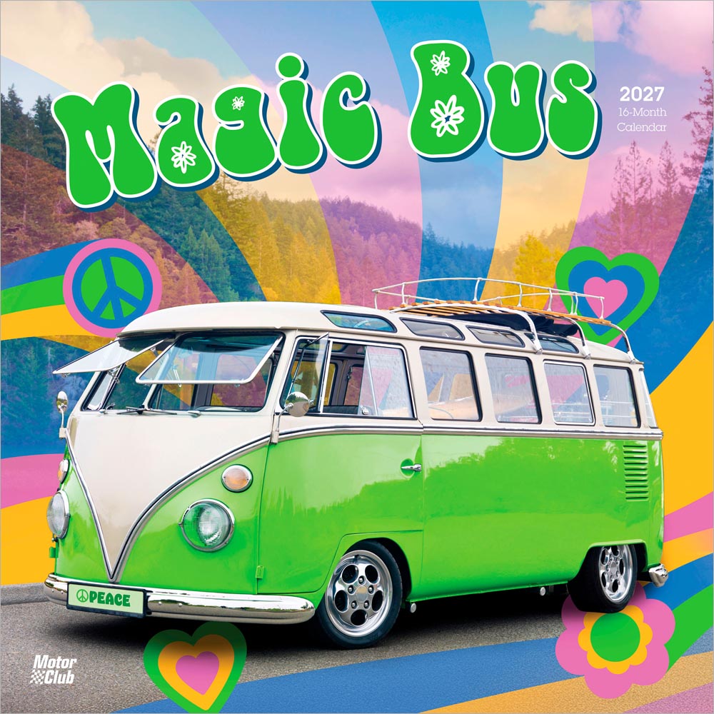 Magic Bus | 2027 12 x 24 Inch (Hanging) Monthly Square Wall Calendar | Plastic-Free | Motor Club | Hippy Volkswagen