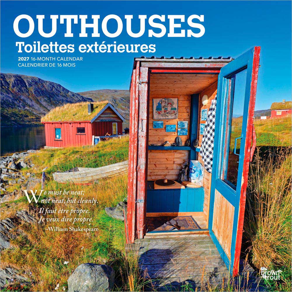 Outhouses | 2027 12 x 24 Inch (Hanging) Monthly Square Wall Calendar | English/French Bilingual | BrownTrout | Toilette Latrine Bog Humor